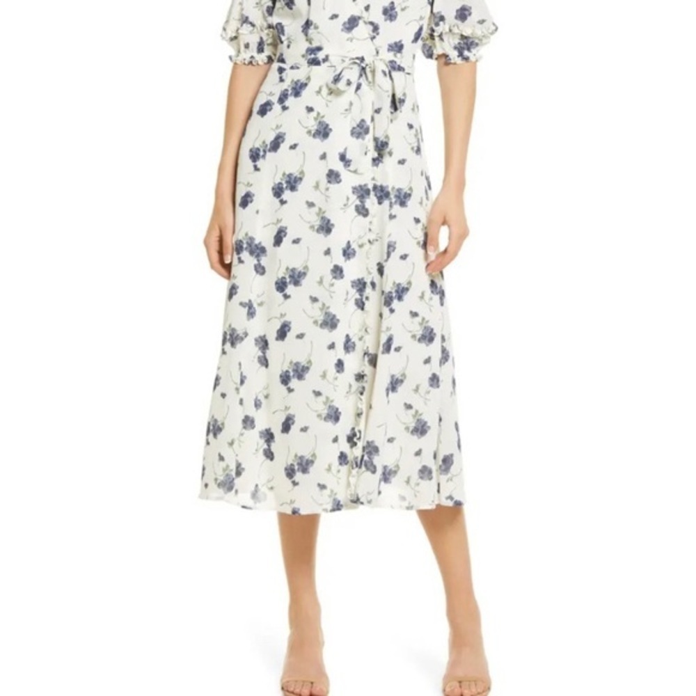 REFORMATION Tanna Floral Wrap Dress with frilly ruffles in Blueberries Size S - Picture 3 of 14